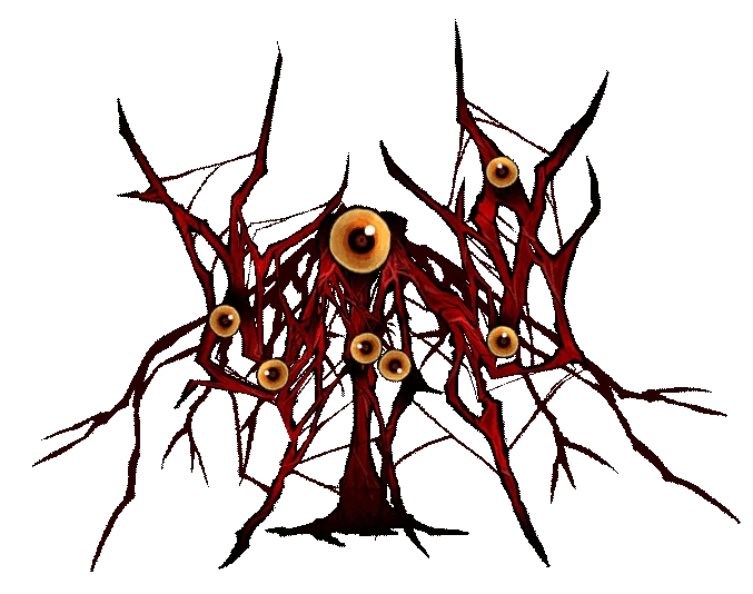 GIF of a red tree-like creature with yellow eyes over its body.